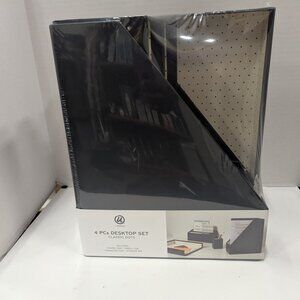 U Brands 4-Piece Classic Black & Navy Polka Dot Desk Organization Set
